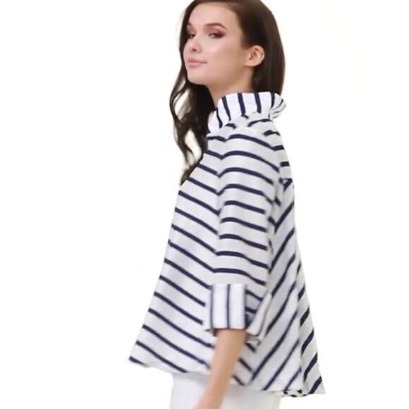 JOSEPH RIBKOFF Blue White Striped 3/4 Sleeve Swing Jacket Size 2 - Picture 3 of 10